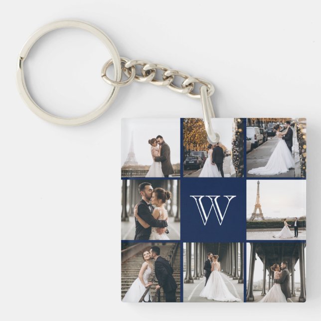Monogram Photo Collage Navy Blue Key Ring (Front)