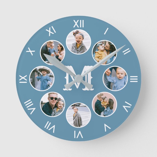 Monogram Photo Collage Roman Numbers Blue Round Clock (Front)
