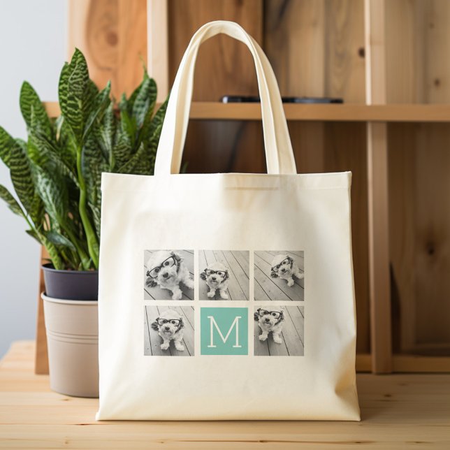 Monogram Photo Collage - Up to 5 photos Teal Tote Bag (Personalized tote bag with photos and custom text)