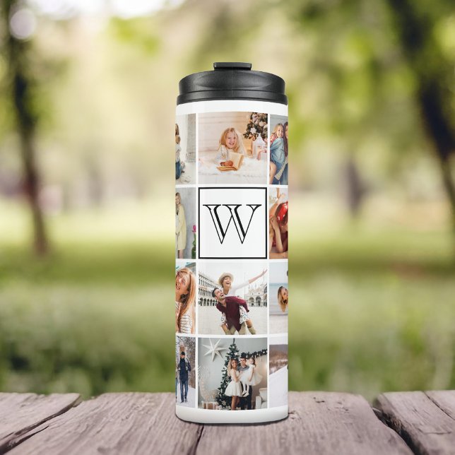 Monogram Photo Collage White Thermal Tumbler (Give the perfect gift with this monogram design featuring a 19-photo collage. )