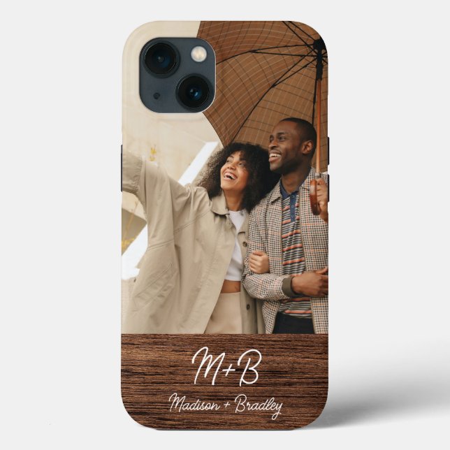 Monogram Photo Couple Wood Personalised Name Case-Mate iPhone Case (Back)