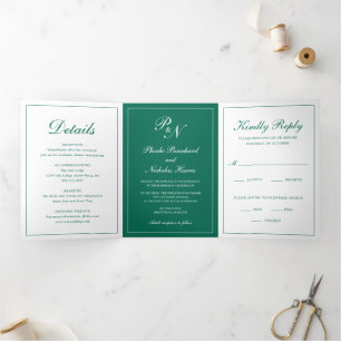 Monogram Photo Formal Emerald Green Wedding Tri-Fold Invitation