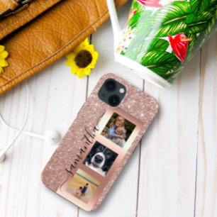 Monogram Photo Glitter Rose Gold Handwritten Case-Mate iPhone 14 Case
