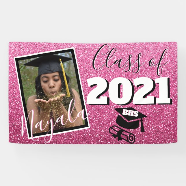 Monogram & Photo Graduation Pink Ombre Glitter Banner (Horizontal)