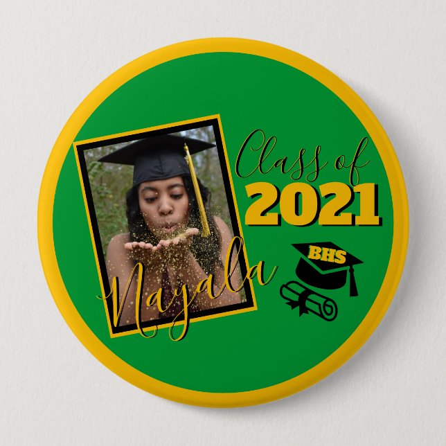 Monogram & Photo Green|Gold Graduation 10 Cm Round Badge (Front)