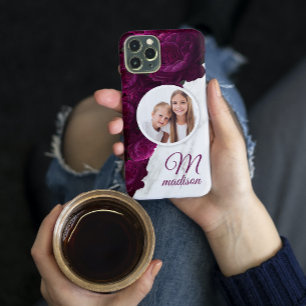 Monogram Photo Modern Floral Marble Custom Name iPhone 13 Case