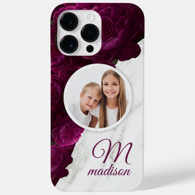 Monogram Photo Modern Floral Marble Custom Name Case-Mate iPhone Case (Back)