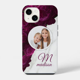 Monogram Photo Modern Floral Marble Custom Name iPhone 14 Case