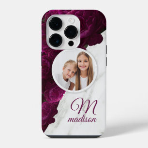 Monogram Photo Modern Floral Marble Custom Name iPhone 14 Pro Case