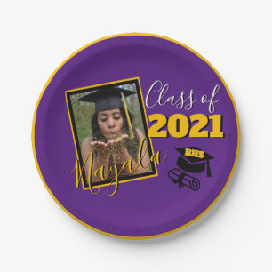 Monogram & Photo Purple Gold Graduation Paper Plate