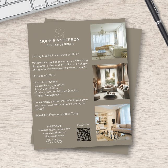 Monogram Photo QR Taupe Professional Business Flyer (Monogram Photo QR Taupe Professional Business Flyer)