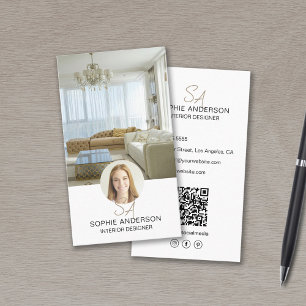 Monogram Photo QR White Interior Designer Business Card