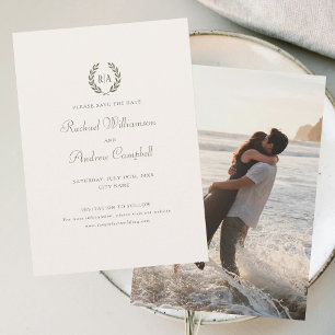 Monogram Photo Save the Date Wedding Green Cream Invitation