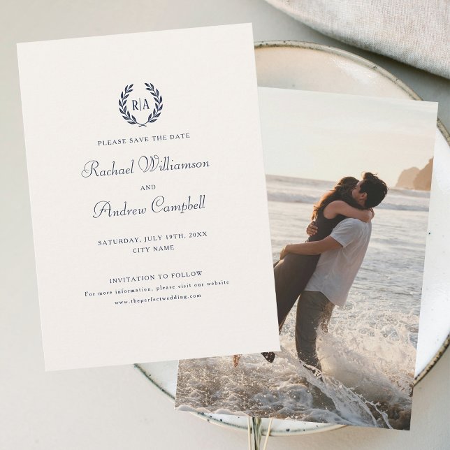 Monogram Photo Save the Date Wedding Navy Cream Invitation (Creator Uploaded)