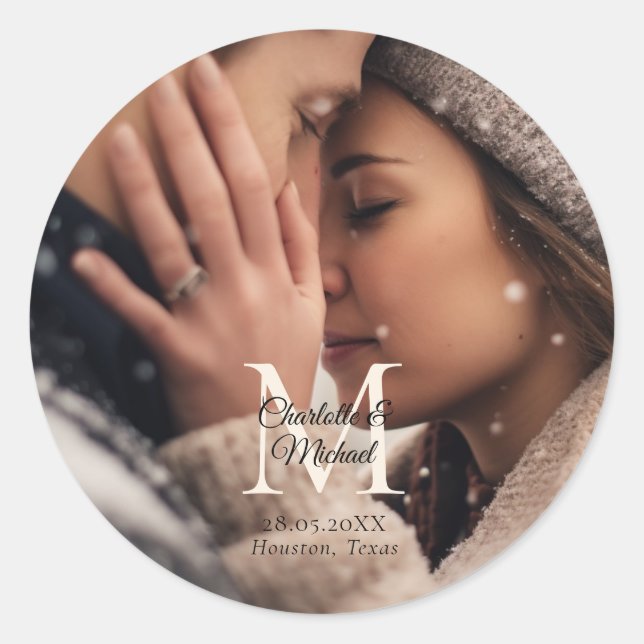Monogram Photo Wedding  Classic Round Sticker (Front)