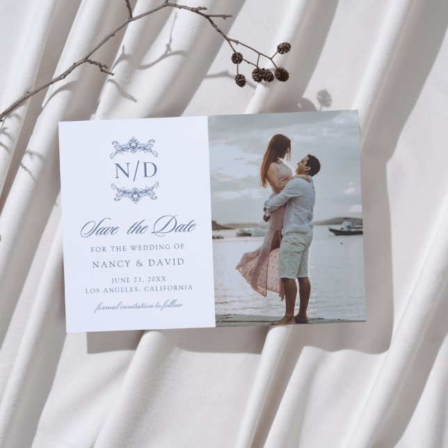 Monogram Photo Wedding Dusty Blue Save The Date (Creator Uploaded)