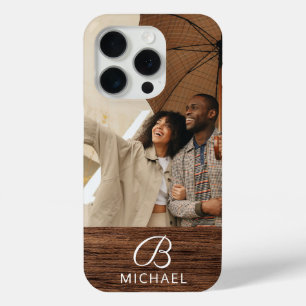 Monogram Photo Wood Grain Timber Personalised Name iPhone 15 Pro Case