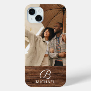 Monogram Photo Wood Grain Timber Personalised Name iPhone 15 Mini Case
