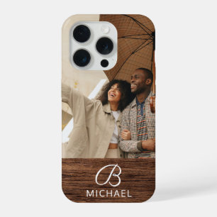 Monogram Photo Wood Grain Timber Personalised Name iPhone 15 Pro Case