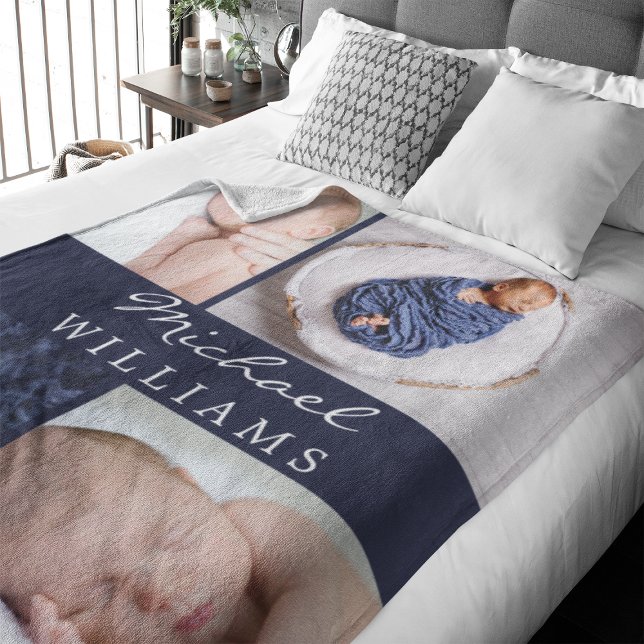 Monogram Photos Collage Navy Blue Newborn Baby Fleece Blanket (Celebrate your new addition with this 4 photos monogrammed fleece blanket.)