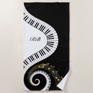Monogram Piano Keys and Musical Notes Beach Towel