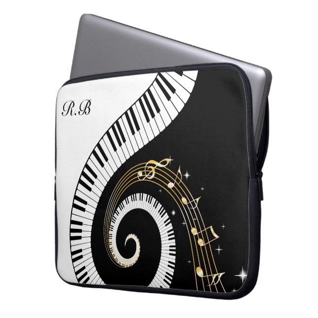 Monogram Piano Keys and  Musical Notes Laptop Sleeve (Front Left)
