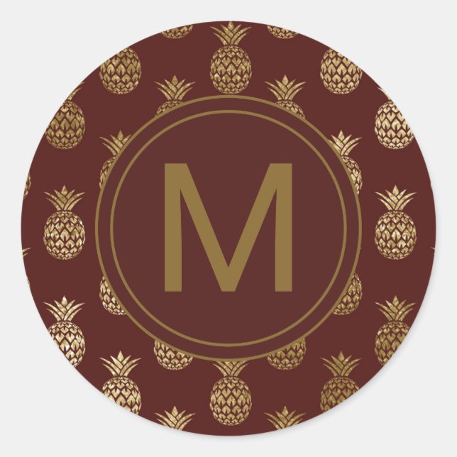 Monogram | Pineapple Gold Burgundy Classic Round Sticker (Front)