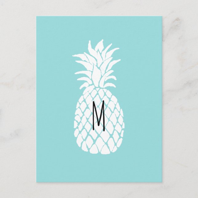 monogram pineapple graphic white on pastel blu postcard (Front)