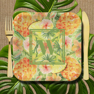 Monogram Pineapples Flowers Greenery Paper Plate
