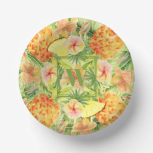 Monogram Pineapples Flowers Paper Plate