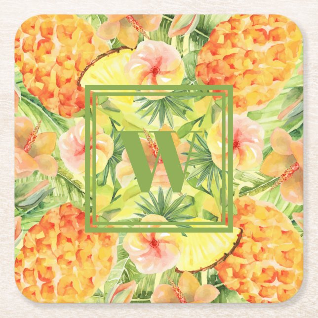 Monogram Pineapples Flowers Square Paper Coaster (Front)
