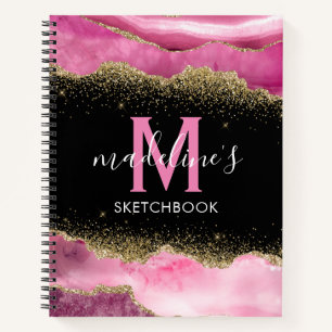 Monogram Pink Agate Crystal Gold Glitter Notebook