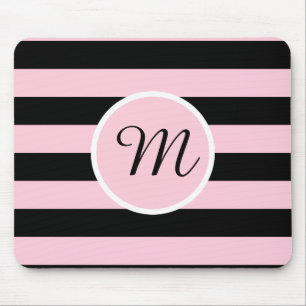 Monogram Pink and Black Striped Mouse Pad