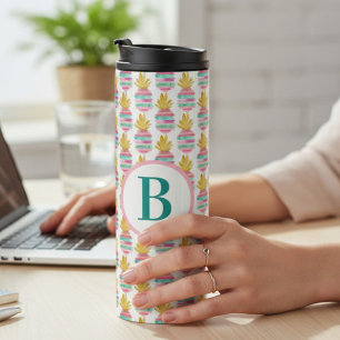 Monogram Pink and Gold Glitter Pineapple Thermal Tumbler