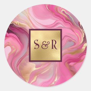 Monogram Pink and Gold Marbled Wedding Classic Round Sticker