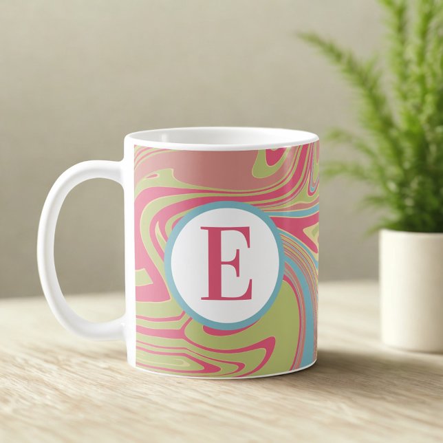 Monogram Pink and Green Abstract Swirl Mug (Creator Uploaded)