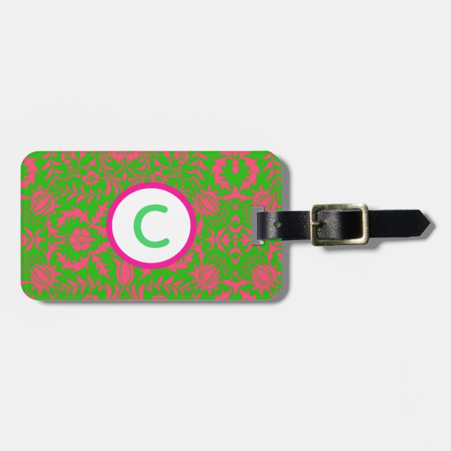 Monogram Pink and Green Floral Luggage Tag (Front Horizontal)