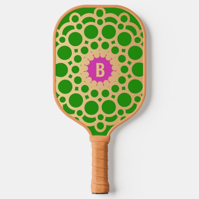 Monogram Pink and Green  - Gold Circles Pickleball Paddle (Front)