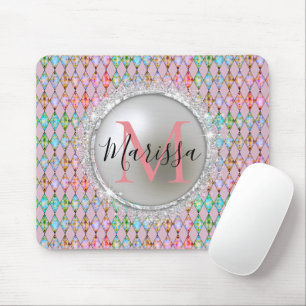 Monogram Pink and Green Harlequin   Mouse Pad