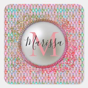 Monogram Pink and Green Harlequin   Square Sticker