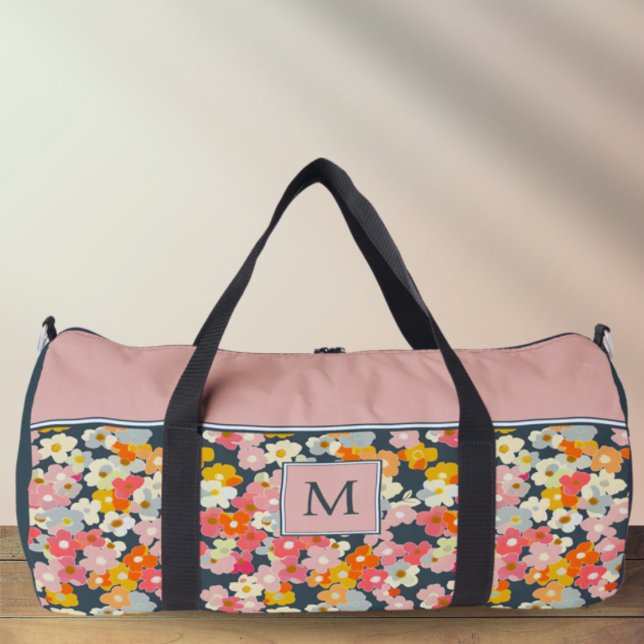 Monogram Pink and Grey Floral Initial Large Duffle Bag (Monogram Initial Floral Pink and Gray Duffel Bag)