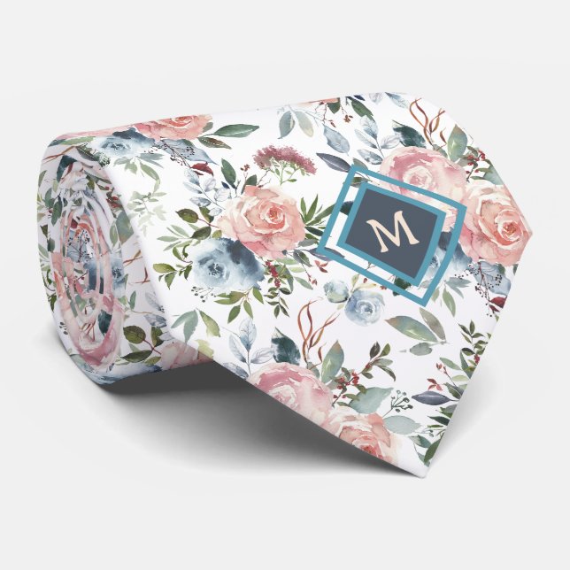 Monogram Pink and Ice Blue Roses Neck Tie (Rolled)