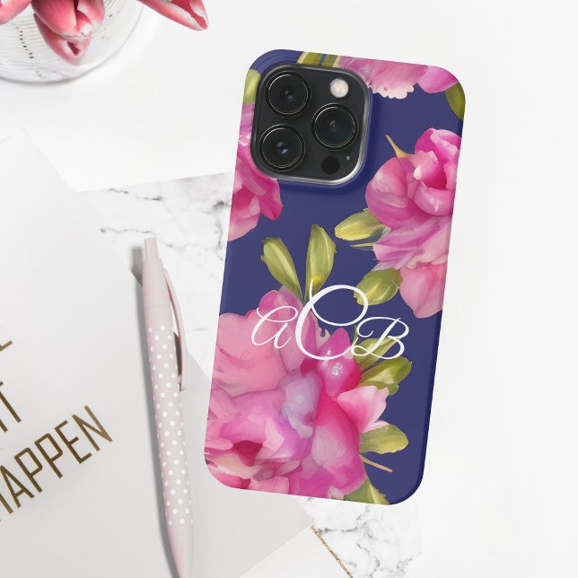 Monogram Pink and Navy Watercolor Flowers  iPhone Case (Creator Uploaded)