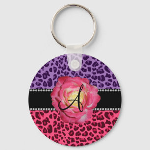 Monogram pink and purple leopard pattern pink rose key ring