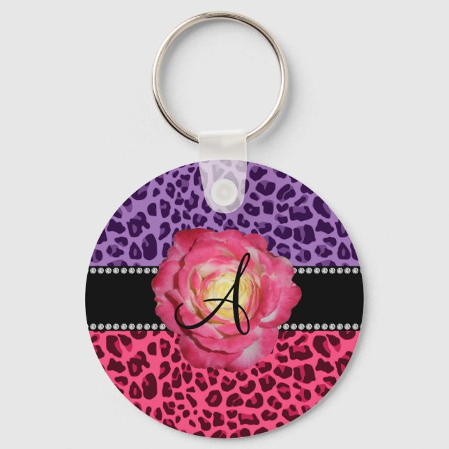 Monogram pink and purple leopard pattern pink rose key ring (Front)