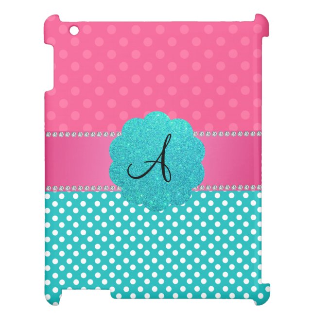 Monogram pink and turquoise polka dots iPad case (Back)