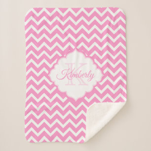 Monogram Pink And White Chevron Sherpa Blanket