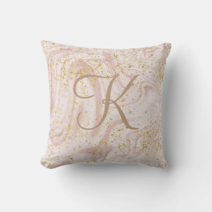 Monogram Pink and White Marble Swirl Gold Glitter  Cushion