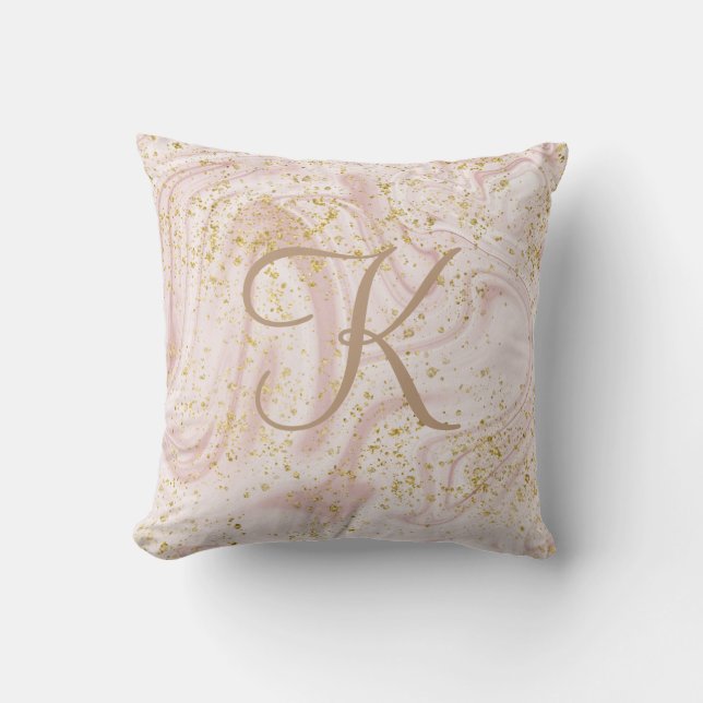 Monogram Pink and White Marble Swirl Gold Glitter  Cushion (Front)