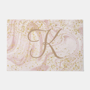 Monogram Pink and White Marble Swirl Gold Glitter Doormat